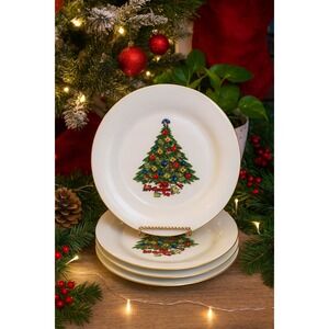 Seagull Vintage Christmas Tree Plates Set of 6 Gold Rimmed Holiday Dining